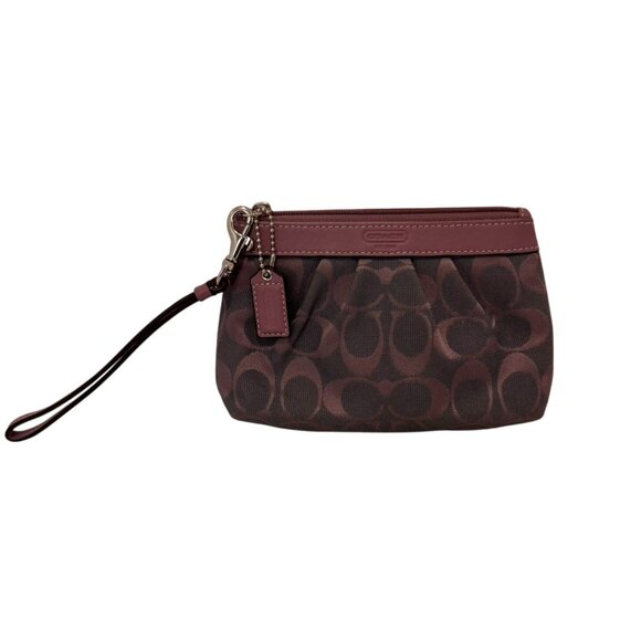 Coach Burgundy Signature Canvas Wristlet Clutch Bag Zip Closure & Leather Strap - Picture 1 of 8